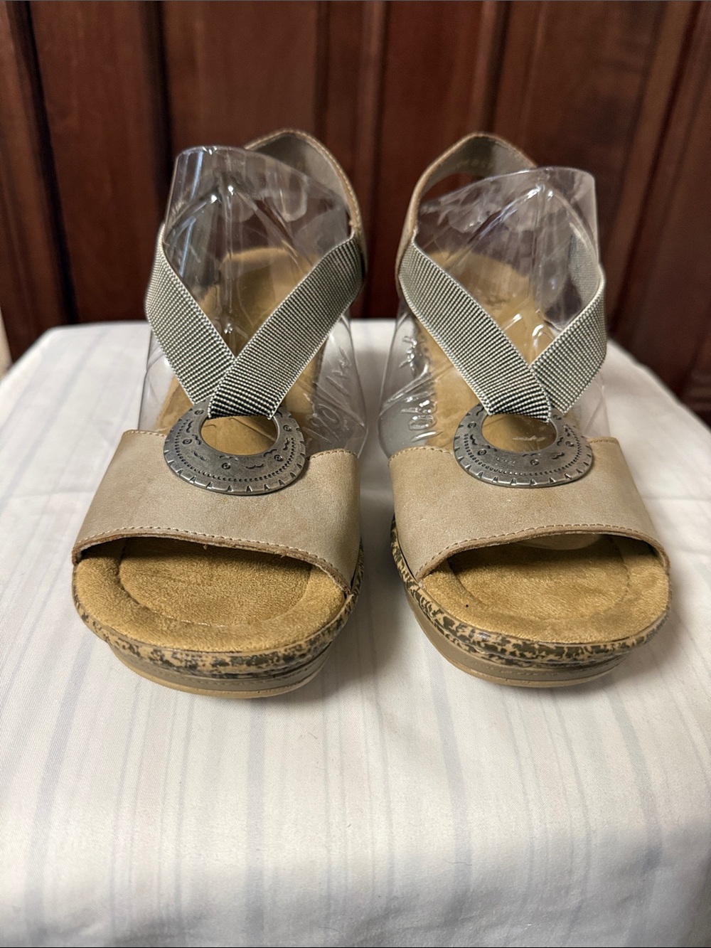 Rieker Women's Beige Wedge Sandals with Decorative Ring